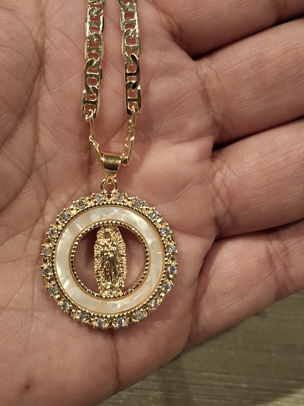 Gold-Tone Virgin Mary Medallion Necklace with White Enamel Accent